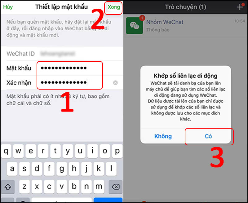 Nhập mật khẩu mới > Chọn Xong > Vào màn hình chính, chọn Có bếu bạn cho phép tải danh bạ lên máy chủ.